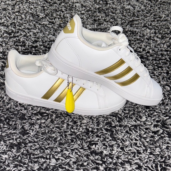 Adidas Women's White Ortholite Float Sneakers with Gold Stripes - Picture 2 of 5